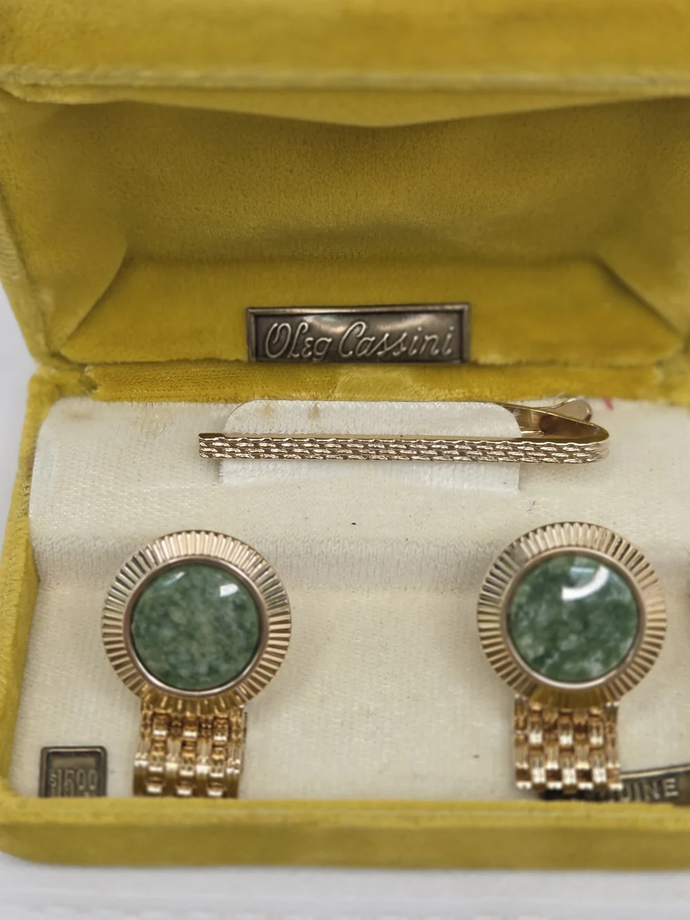 Oleg Cassini Gold-Tone Cufflink & Tie Bar Set with Genuine Jade